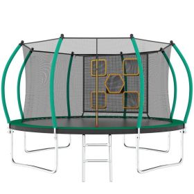 14FT Trampoline With Enclosure - Recreational Trampolines With Ladder, ASTM Approval Outdoor Trampoline For Kids (Option: Black Green)