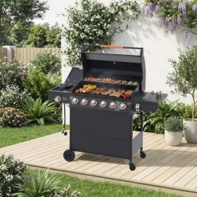 6 Burner BBQ Propane Gas Grill With Side Burner 72000 BTU Output Stainless Steel Barbecue Grill With Cast Iron Grates And Side Tables For Outdoor (Option: defaulttitle)